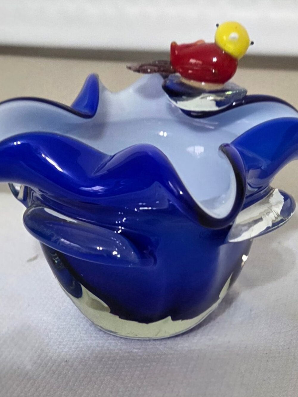 Murano glass Bowl Blue Outside White Inside Colorful Bird Sits Atop - No Cracks